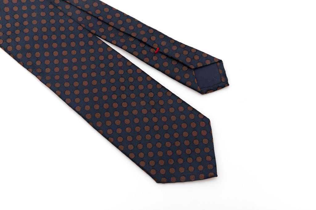 Cravatta blu con pois marrone in pura seta