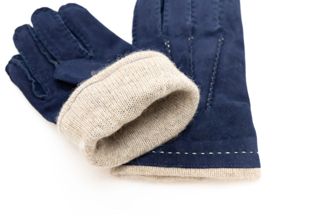 Guanti blu in pelle scamosciata interno beige