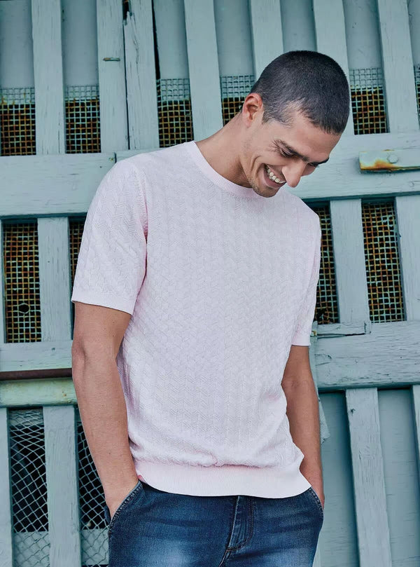 CREW NECK HALF SLEEVE WITH STACKED HERRINGBONE