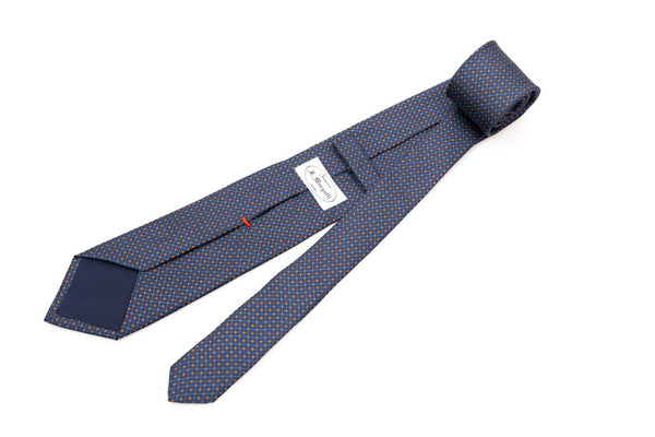 Cravatta blu con microfantasia marrone pura seta
