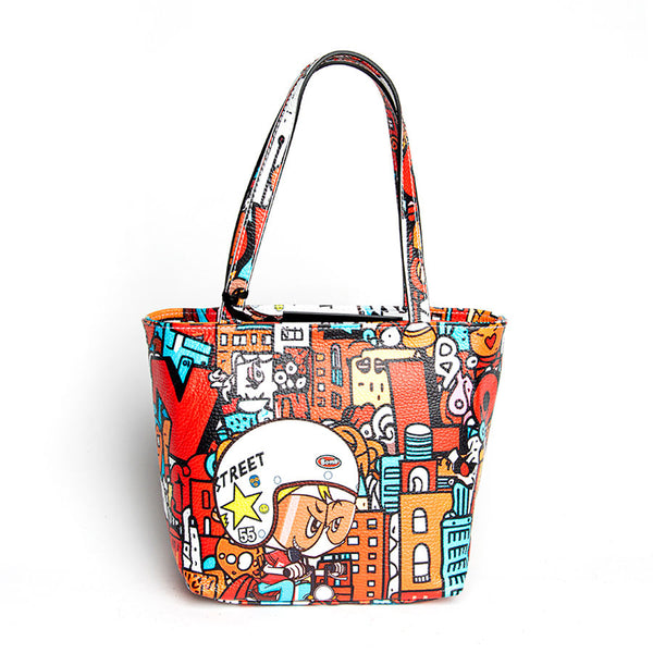 DOODLE - red screen printed leather shopping bag