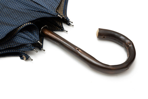 Mario Talarico umbrella blue with yellow polka dots in chestnut wood