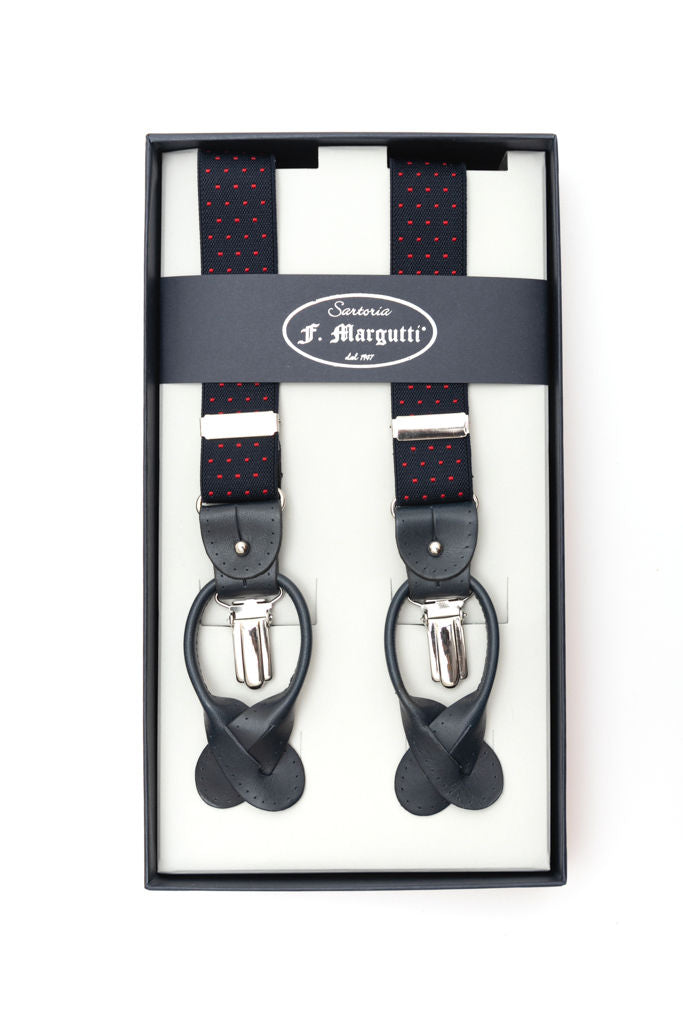 Blue braces with red micro polka dots