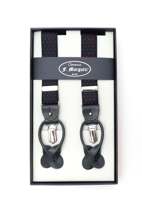Blue braces with red micro polka dots