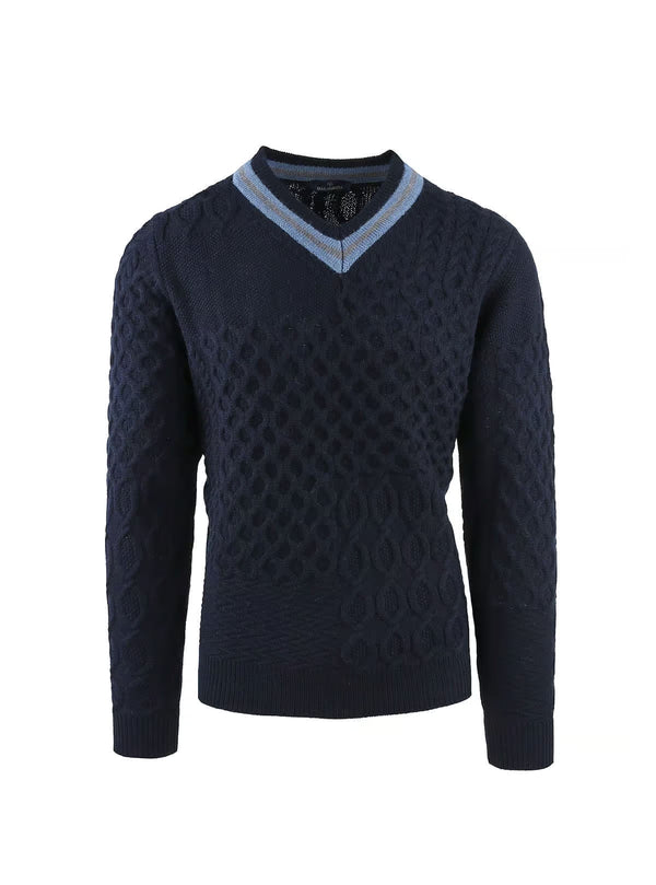 PULLOVER WITH PATCHWORK AND STRIPES ON THE NECK