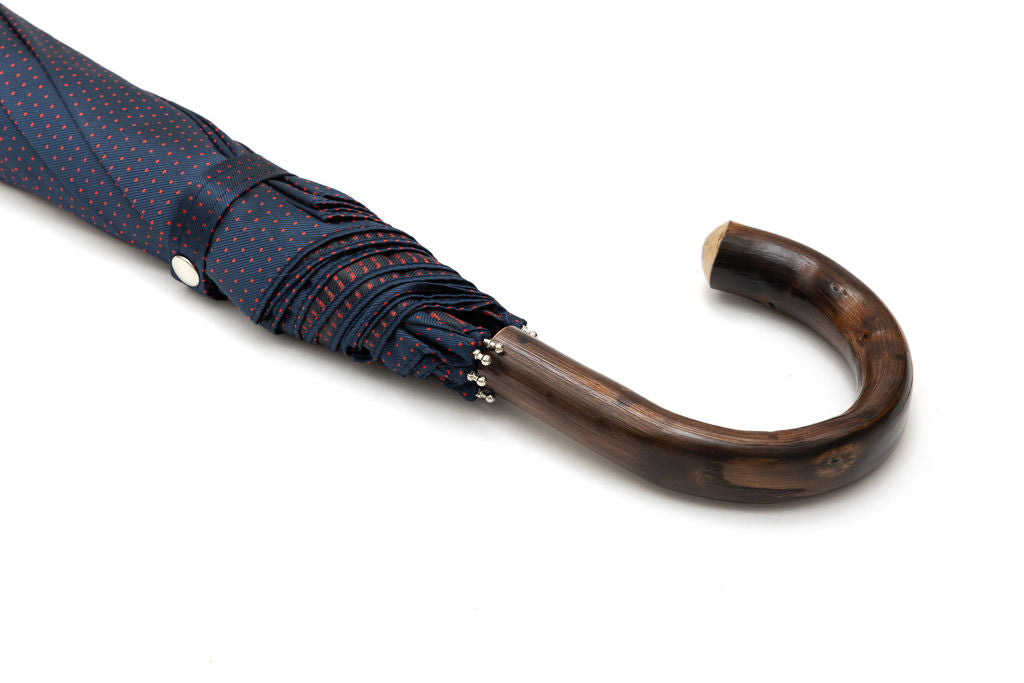 Mario Talarico folding umbrella blue with red polka dots chestnut handle