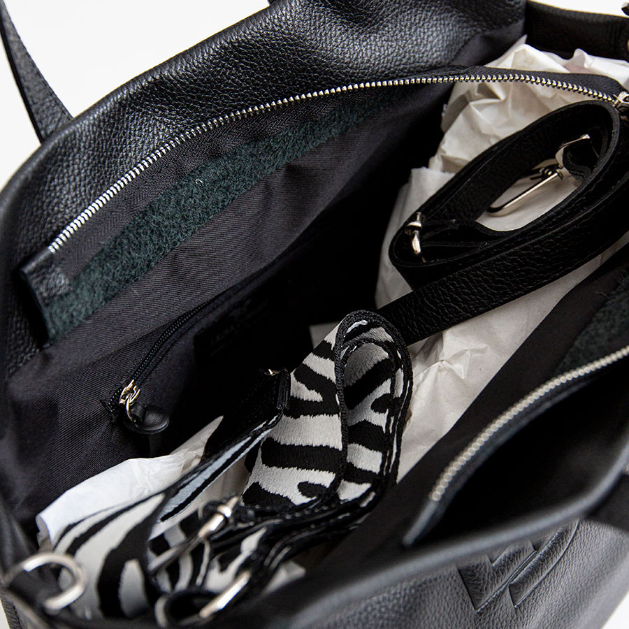 LDM - Maxi shopping bag in black leather with ribbon shoulder strap
