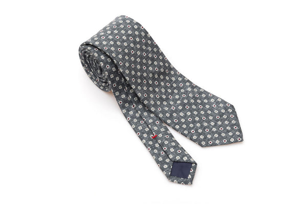 Grey tie with geometric pattern in pure silk