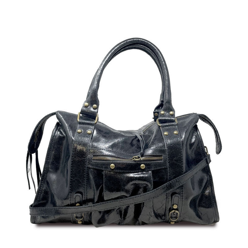 Borsa a mano grande in pelle spatolata con borchie - Courmayeur K073