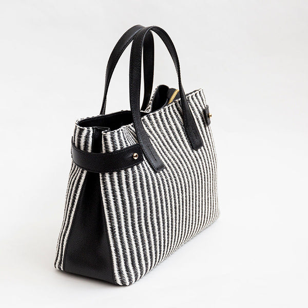 CORFU' - Borsa in pelle e rafia bianca e nera