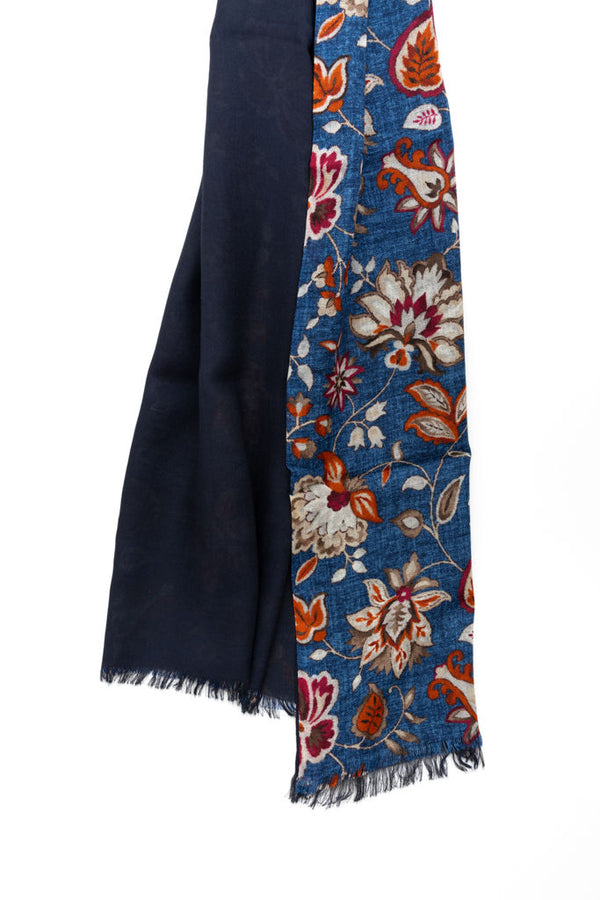 Double layer scarf in blue floral pattern pure wool