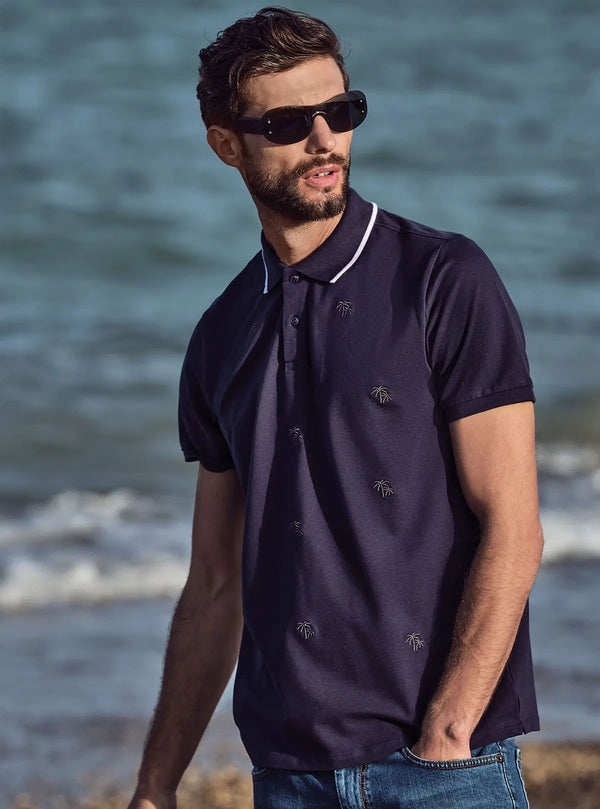 SHORT-SLEEVE PIQUET POLO WITH PALM EMBROIDERY