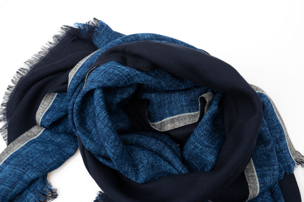 Double layer blue scarf with grey border pure wool