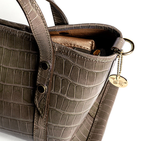 MEDUZA TOTE - Taupe crocodile print leather bag
