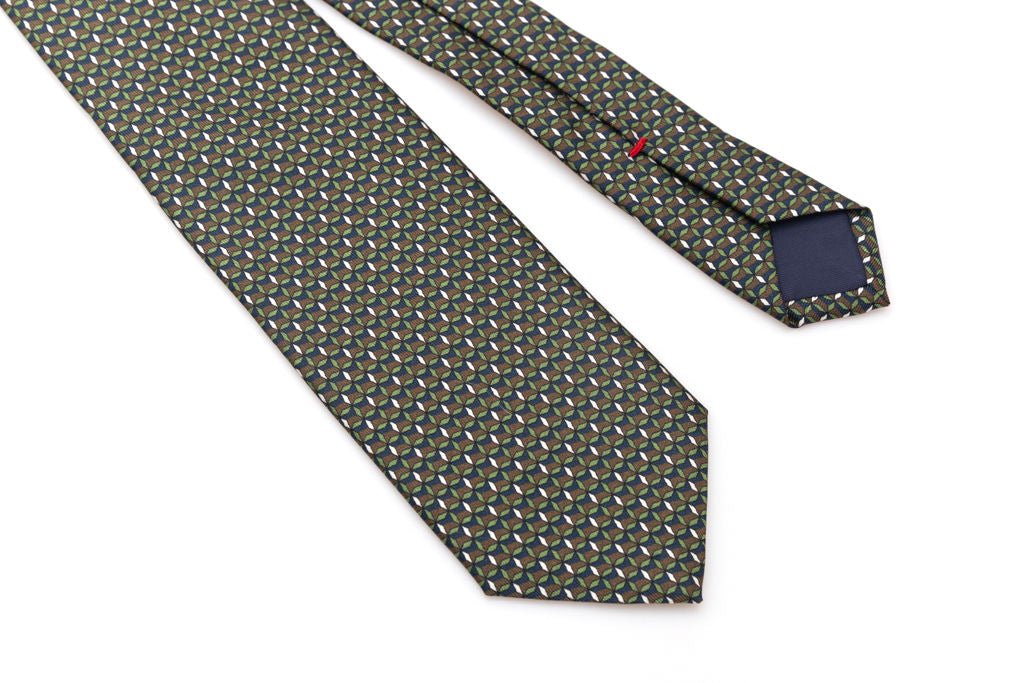 Green and brown micro-patterned pure silk tie