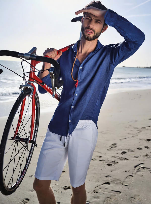 BERMUDA SHORTS WITH DRAWSTRING IN HERRINGBONE FABRIC
