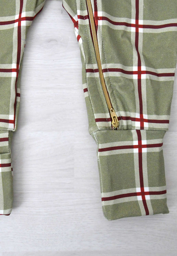 Bamboo Zip Up Romper - Moss Green Christmas Tartan - Blue Balloon