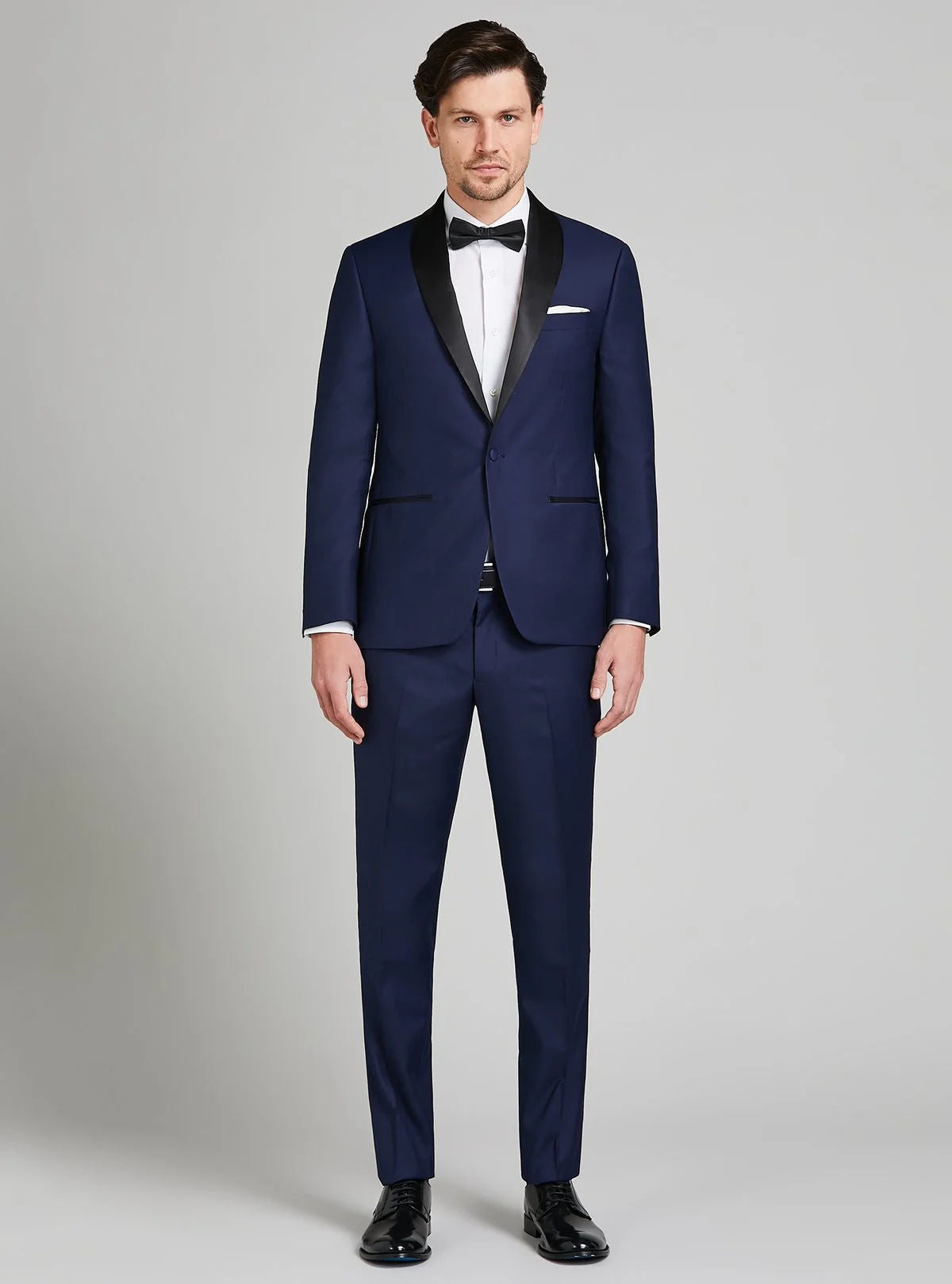 Blue formal dress with shawl lapel