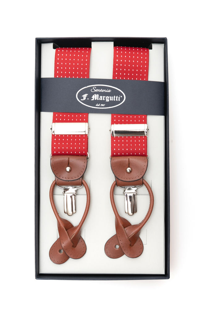 Red braces with white micro polka dots