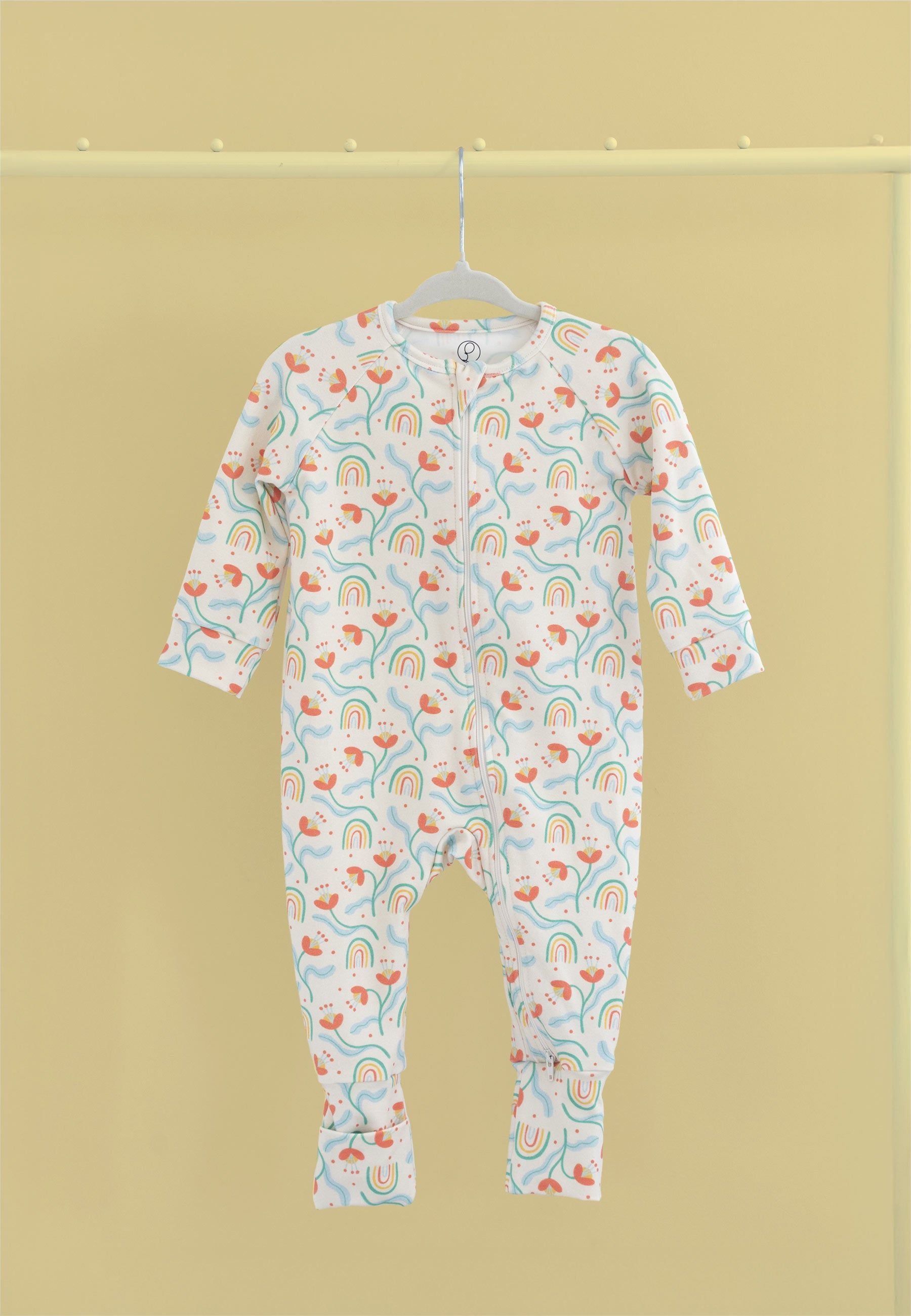 Tutina con zip in bambù - Fiori e arcobaleni - Palloncino blu