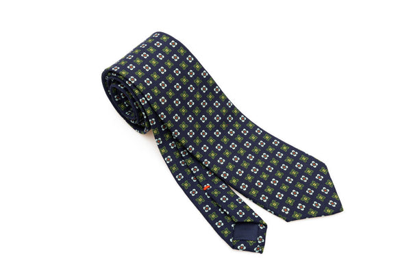 Blue base tie with geometric pattern pure wool