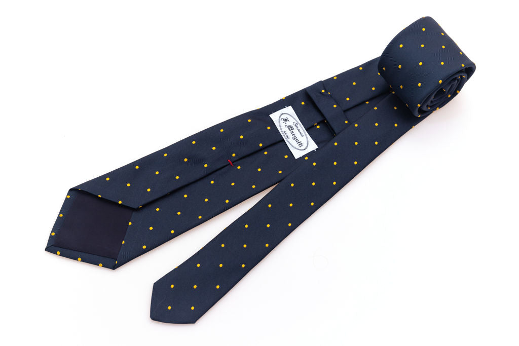 Blue tie with yellow polka dots in pure silk