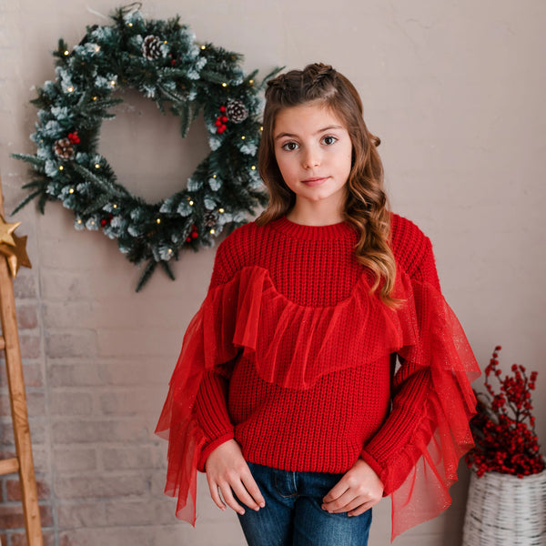 PULLOVER ROSSO DETTAGLIO BALZA TULLE