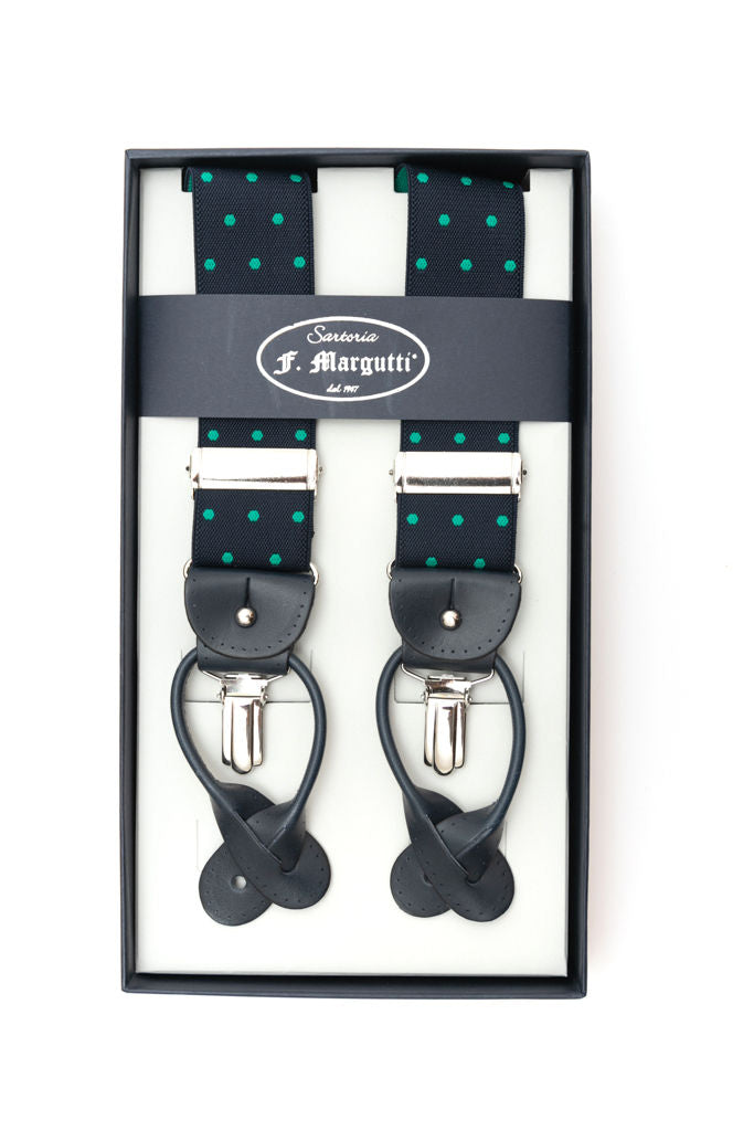 Blue braces with green polka dots