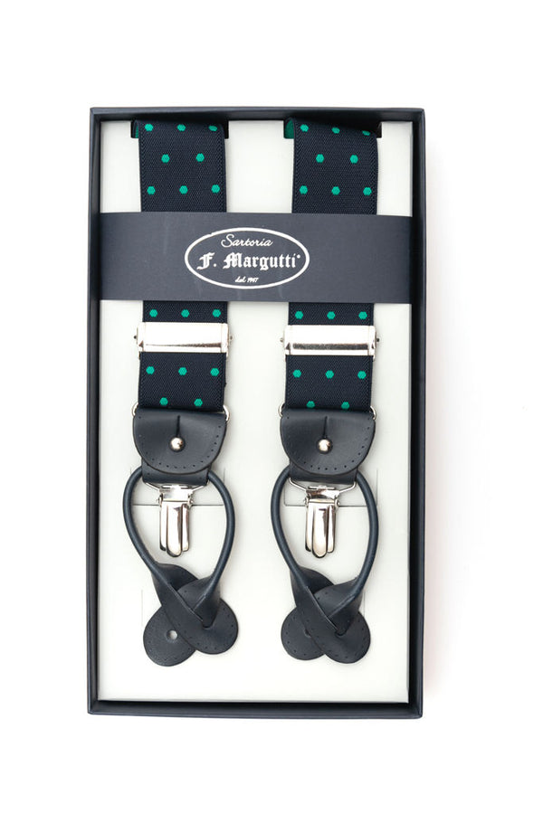 Blue braces with green polka dots