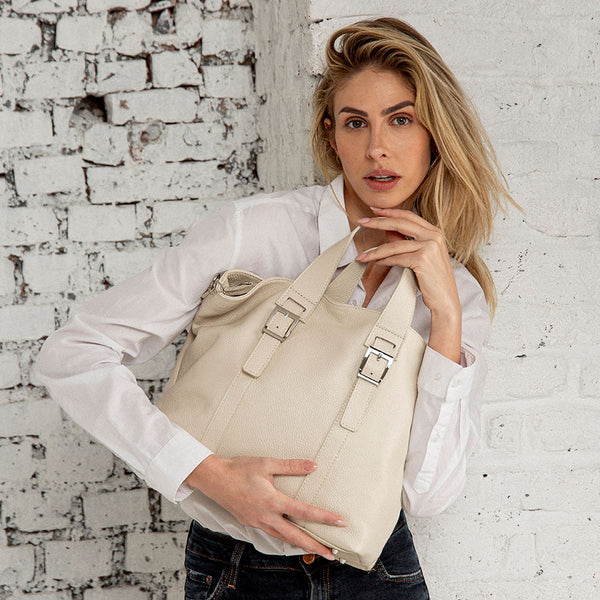 GINNY - Maxi shopping in pelle latte