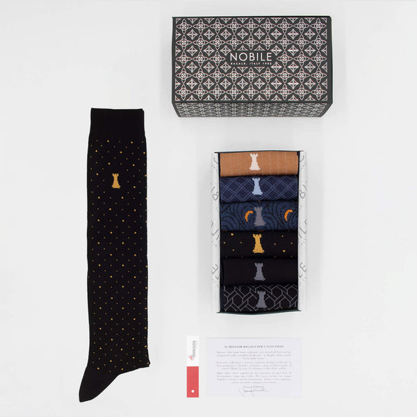 Noble Evening Box of 6 Long Socks - Polka Dots, Ribbed, Solid Color &amp; Pattern