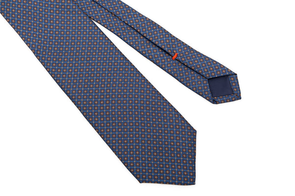 Cravatta blu con microfantasia marrone pura seta