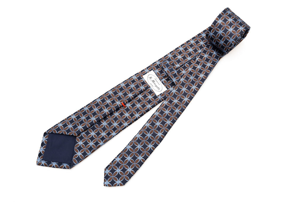 Midnight blue tie with brown and light blue geometry pure silk
