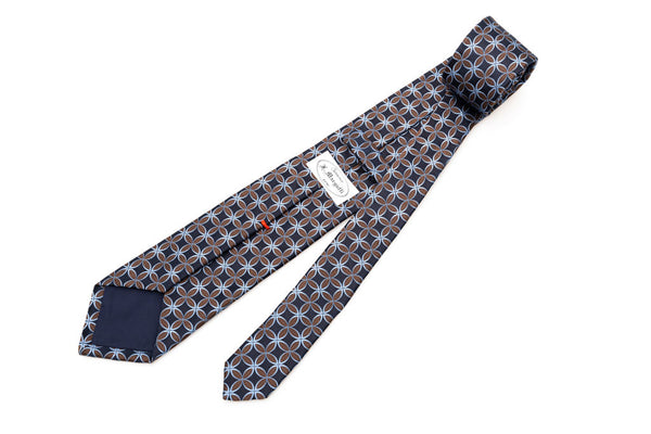 Midnight blue tie with brown and light blue geometry pure silk