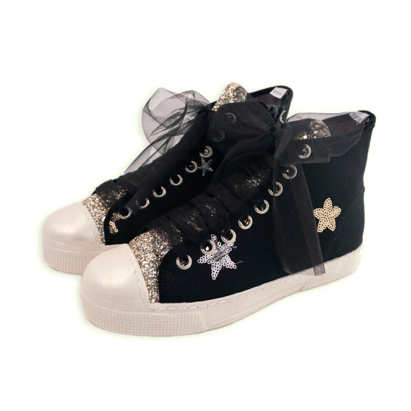 BLACK HIGH WITH STARS AND GOLD GLITTER