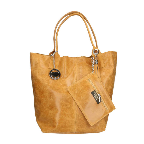 Women's Large Spatula Leather Shopper Bag with Clutch - 5190 