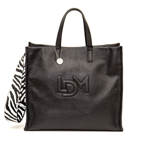 LDM - Maxi shopping bag in black leather with ribbon shoulder strap