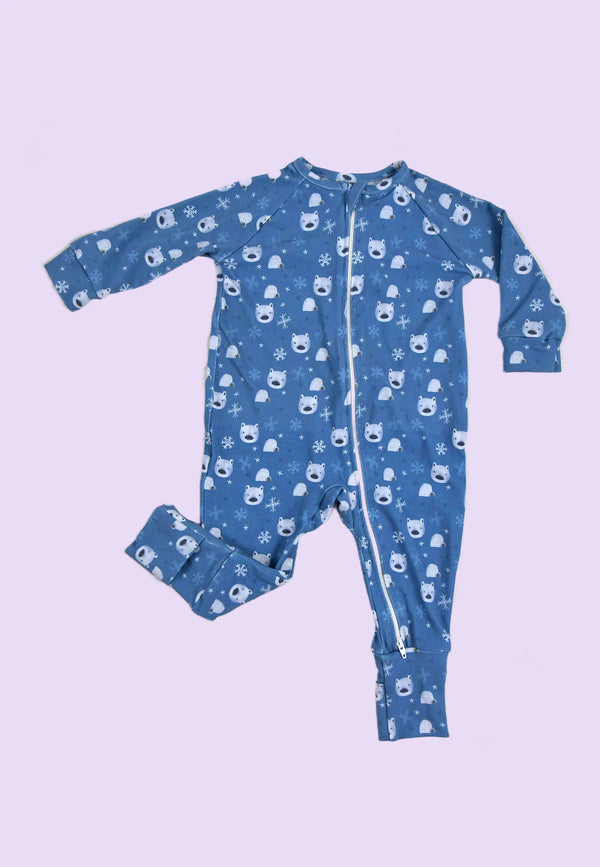 Tutina con zip in bambù - Orso polare - Palloncino blu
