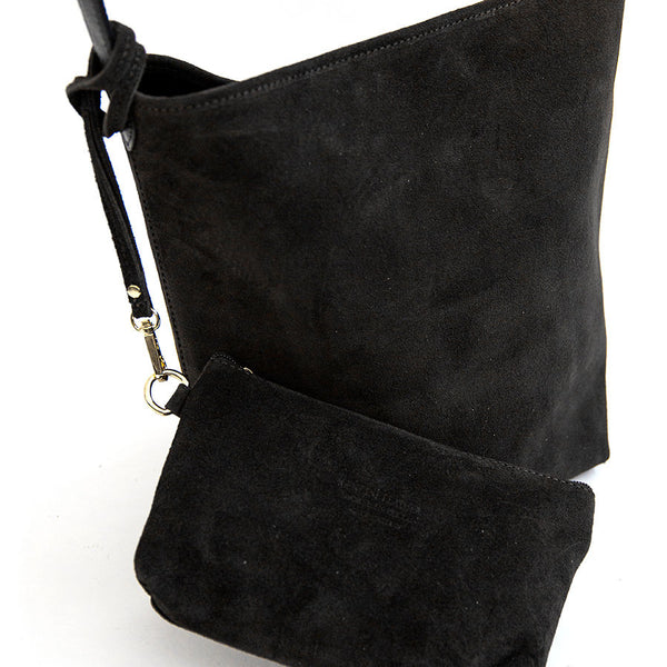 GINGER - Maxi bucket bag in black suede