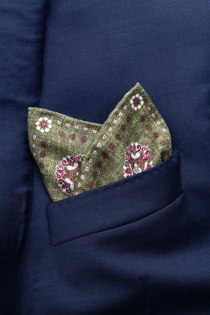 Green clutch bag with geometric pattern pure silk