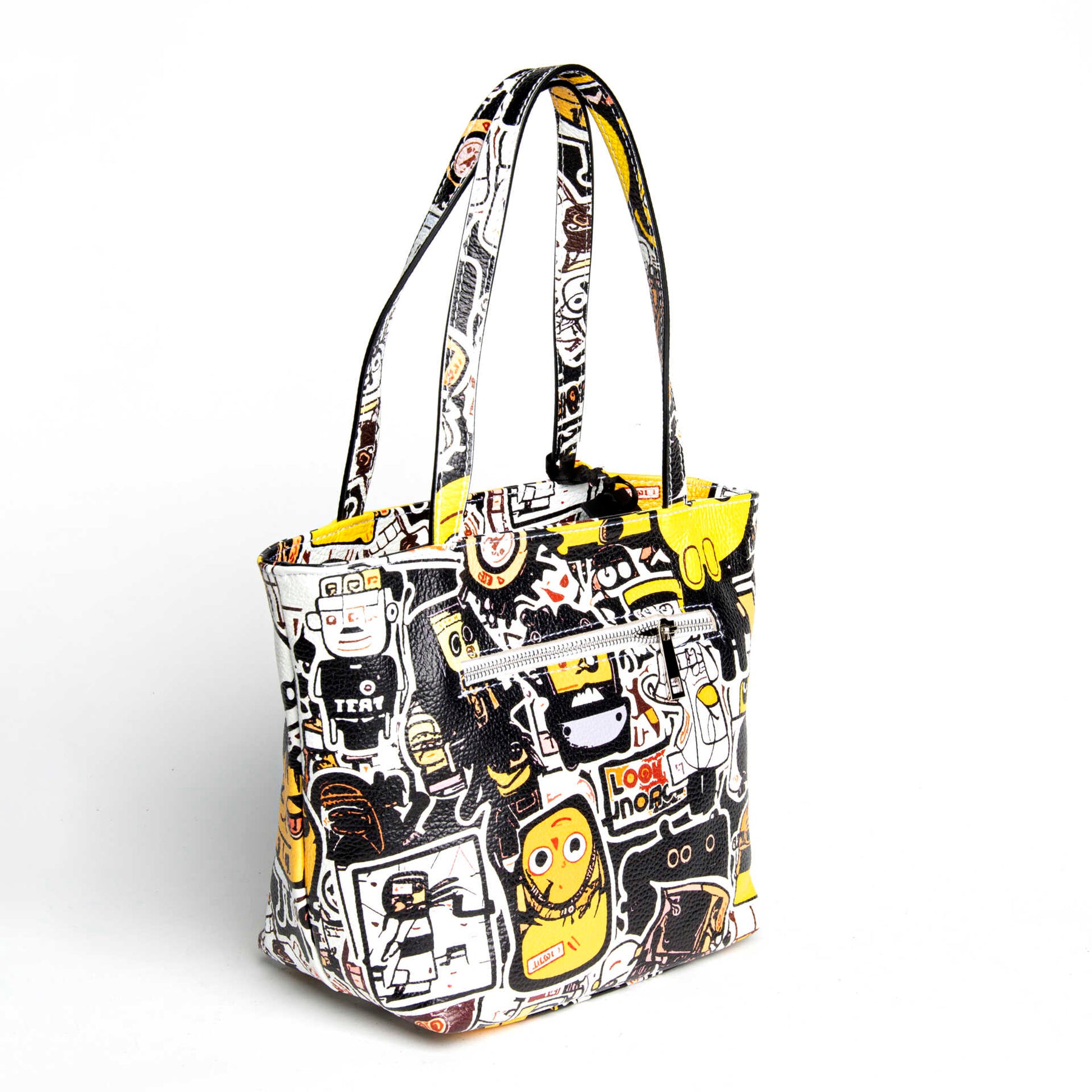 DOODLE - white screen printed leather shopping bag