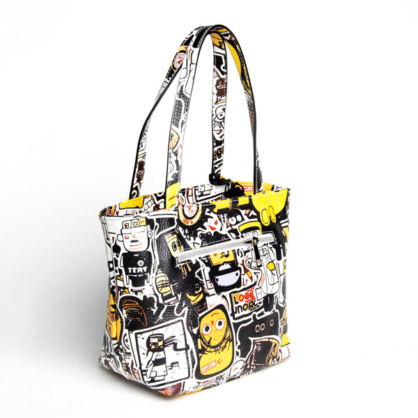 DOODLE - white screen printed leather shopping bag