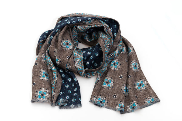 Brown and blue double face scarf pure silk