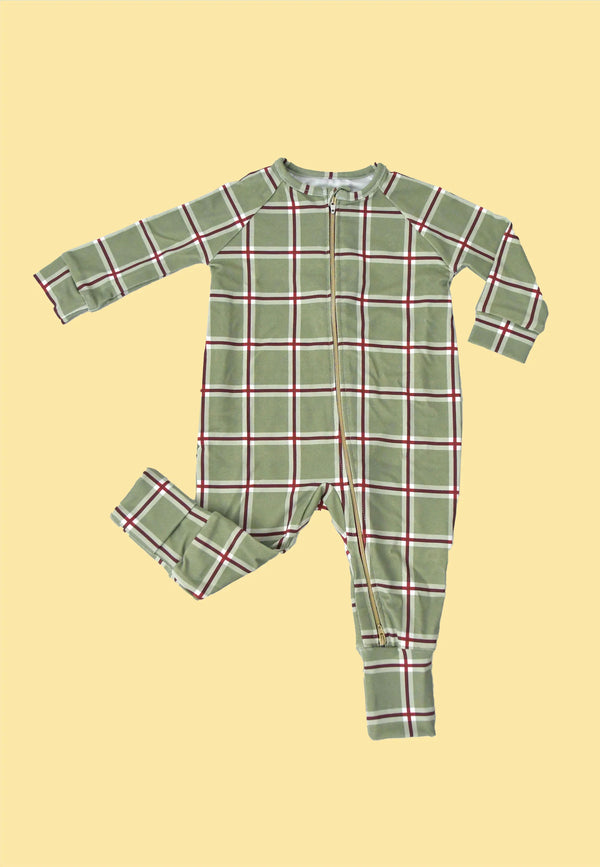 Tutina con zip in bambù - Tartan Natale verde muschio - Palloncino blu