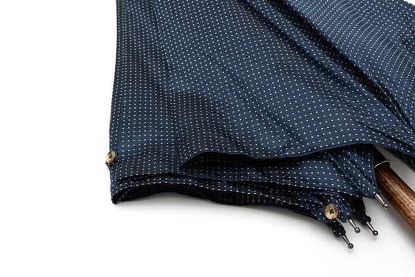 Mario Talarico blue umbrella with white polka dots in hickory wood