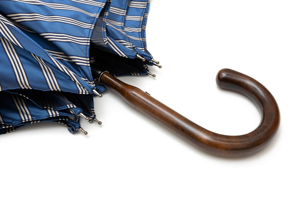 Mario Talarico umbrella, blue with white stripes, made of apple wood