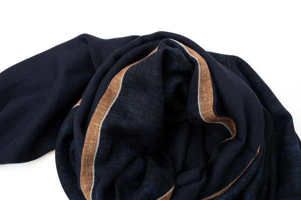 Double layer blue scarf with beige edge pure wool