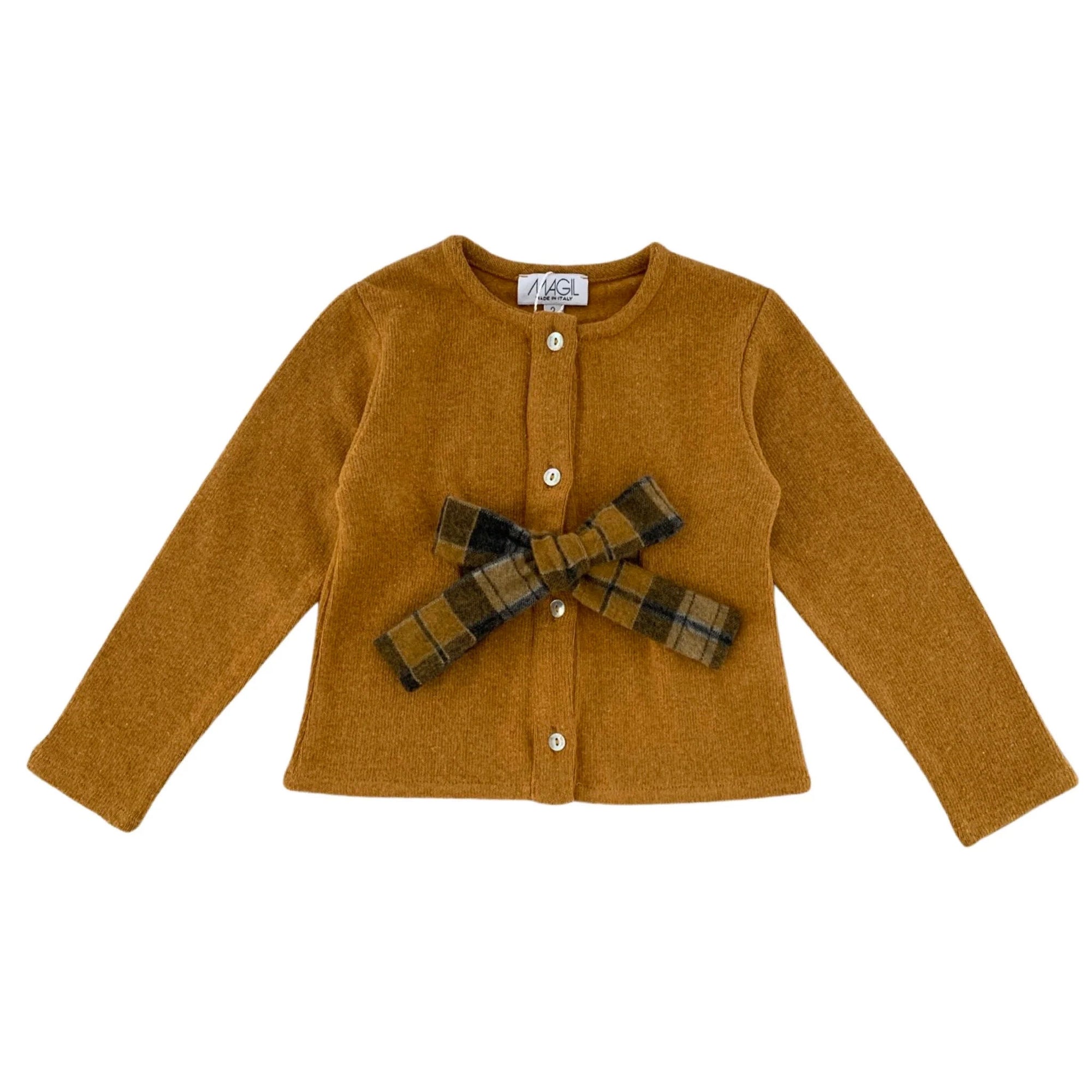 WARM COTTON CARDIGAN WITH CHECKED BOW