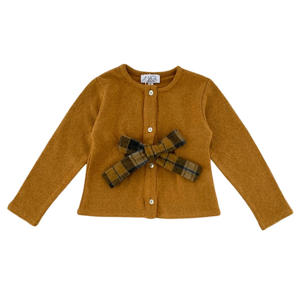 WARM COTTON CARDIGAN WITH CHECKED BOW