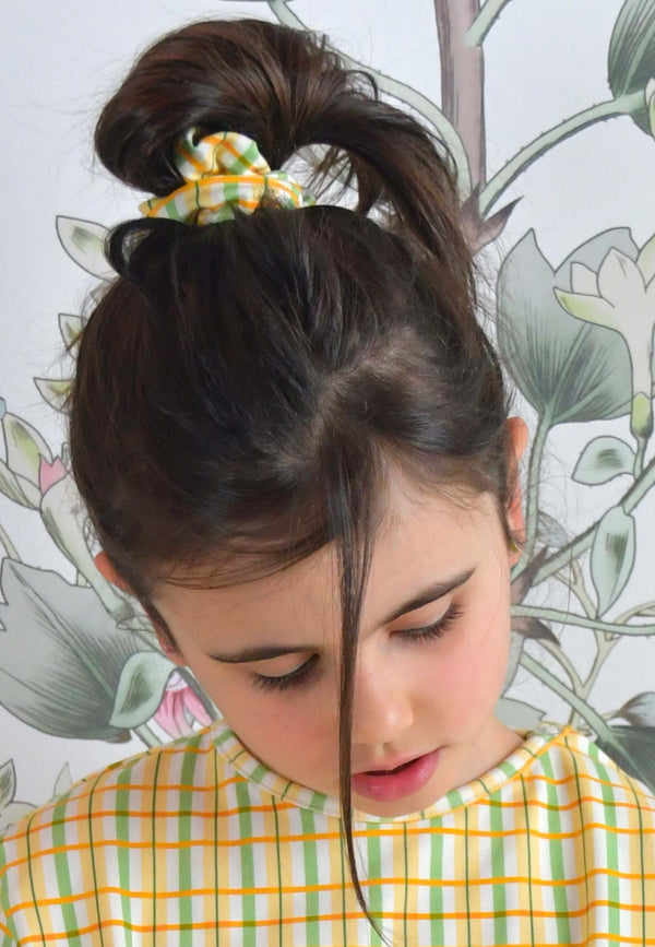 Chouchou (scrunchie) in bambù - Tartan prato fiorito - Palloncino blu